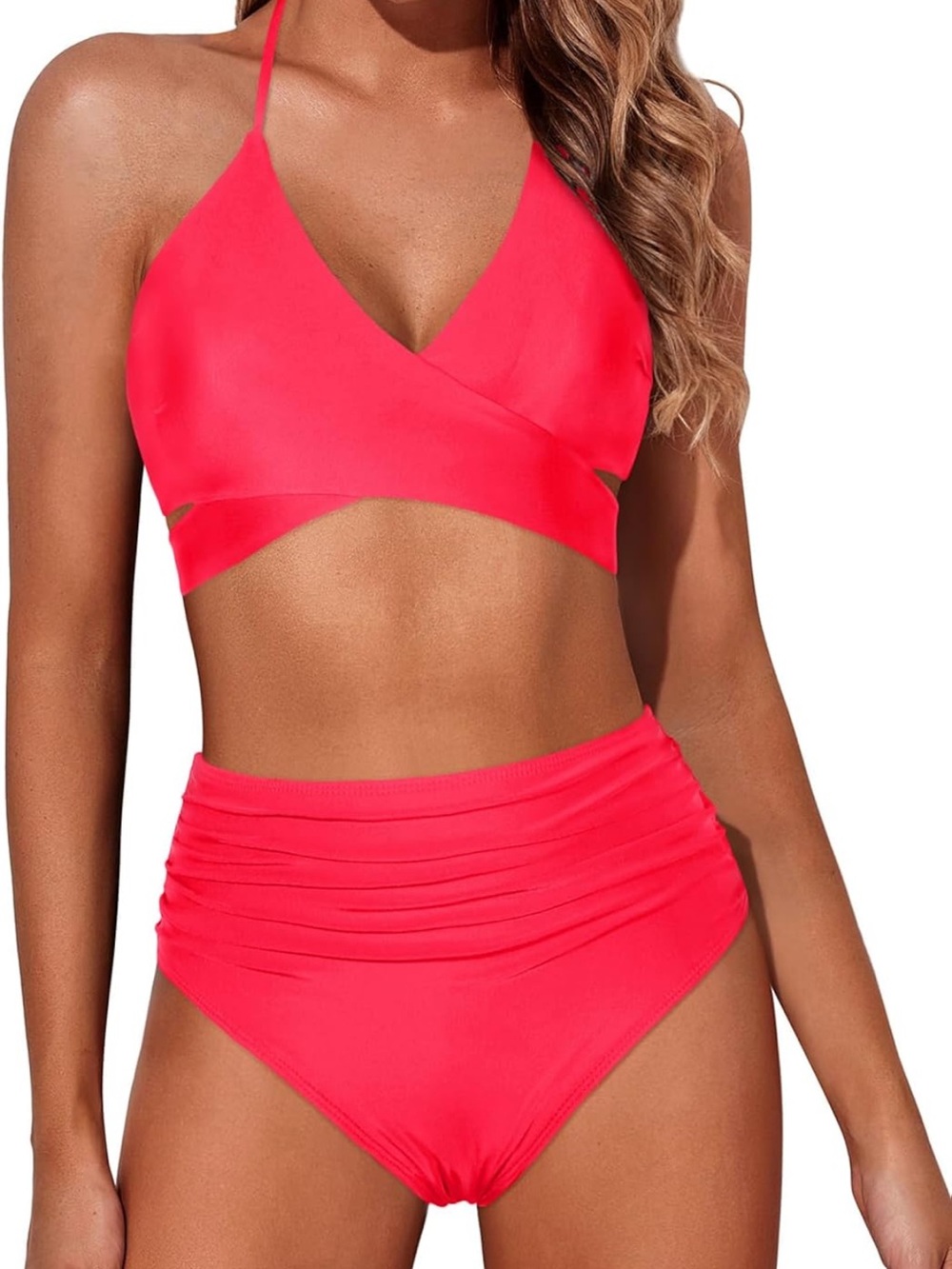 Ruched High-Waist Wrap Bikini Set in Coral Pink